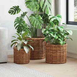 vidaXL Cesta para Plantas con almacenamiento 3 pcs Marrón Ratán Kubu Marr&oacute;n