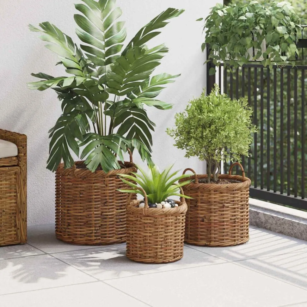 vidaXL Cesta para Plantas con almacenamiento 3 pcs Marrón Ratán Kubu Marrón