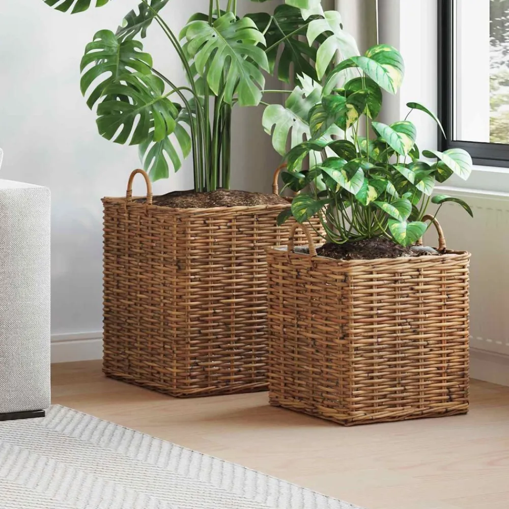 vidaXL Decoración-Cesta para Plantas con almacenamiento 2 pcs Marrón Ratán Lacak