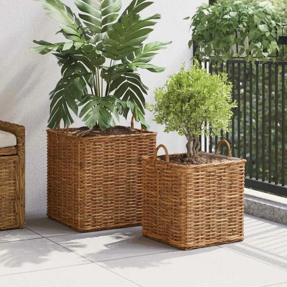 vidaXL Decoración-Cesta para Plantas con almacenamiento 2 pcs Marrón Ratán Lacak