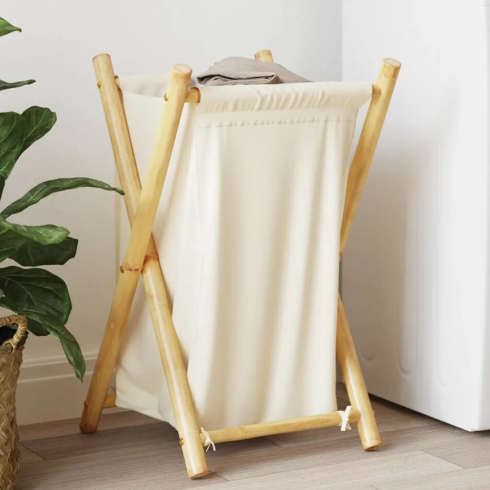 vidaXL Productos Del Hogar-Cesto de la ropa sucia de bambú blanco crema 41,5x36x63,5 cm