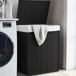 vidaXL Cesto de ropa sucia con tapa ratán sintético 46x33x60 cm Negro Outlet