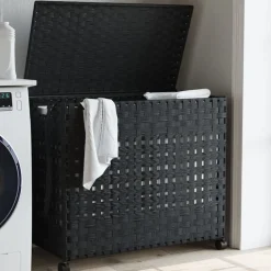 vidaXL Cesto para ropa sucia con ruedas ratán 66x35x60 cm Negro Sale
