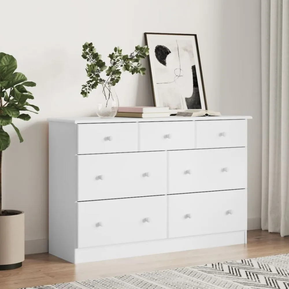 vidaXL Cómoda cajonera ALTA madera maciza pino 112x35x73 cm Blanco Discount