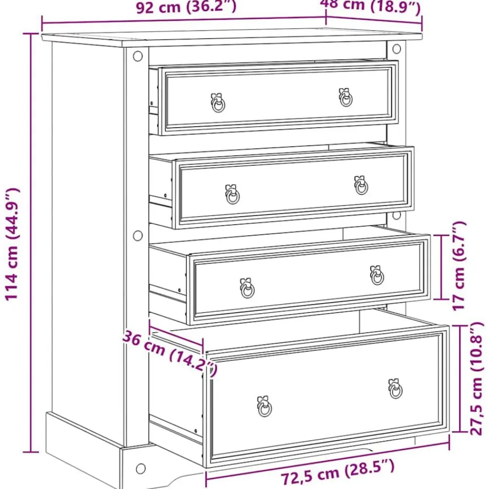 vidaXL Cómoda cajonera Corona madera maciza de pino 92x48x114 cm Outlet