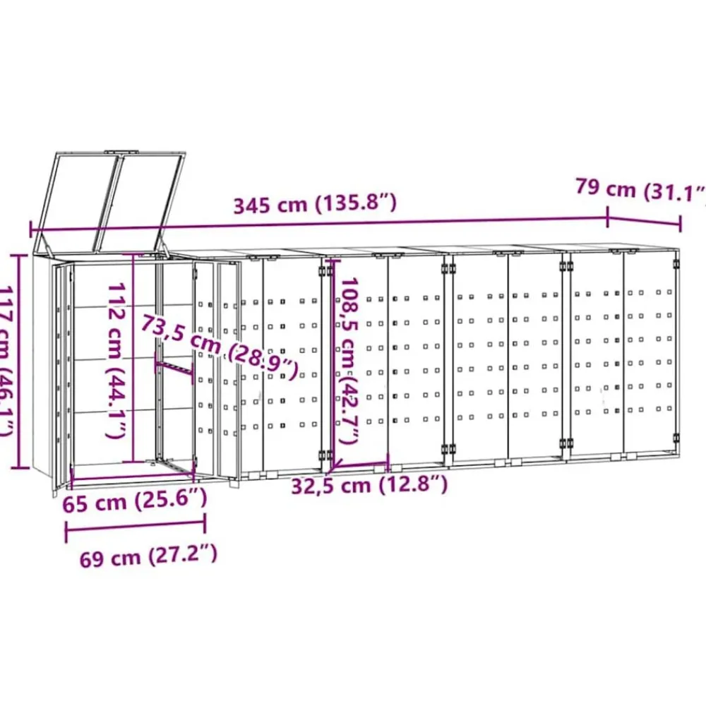 vidaXL Cobertizo de 5 contenedores de basura acero 345x79x117 cm Gris Outlet