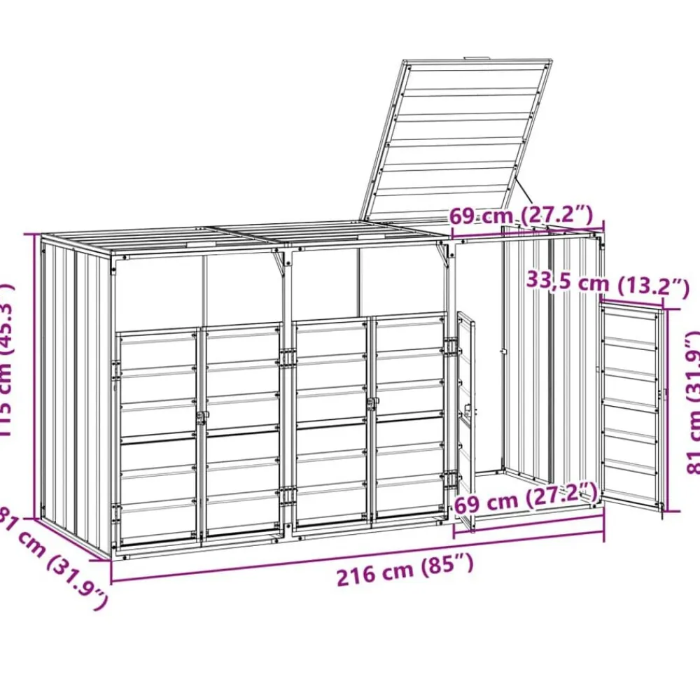 vidaXL Cobertizo de 3 contenedores basura acero 216x81x115 cm Gris Outlet