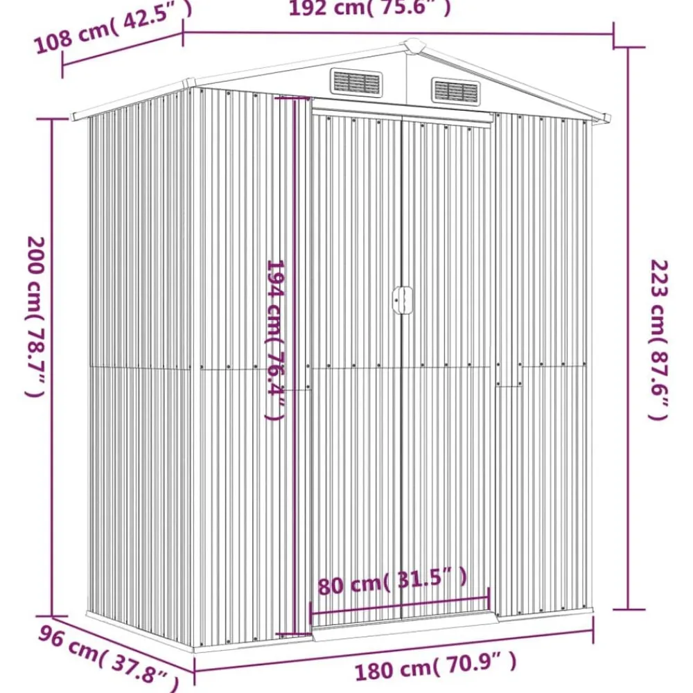 vidaXL Cobertizo de jardín acero galvanizado 192x108x223 cm Gris claro Clearance