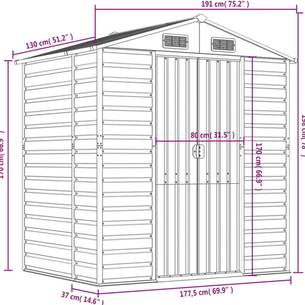 vidaXL Cobertizo de jardín acero galvanizado 191x130x198 cm Gris claro New