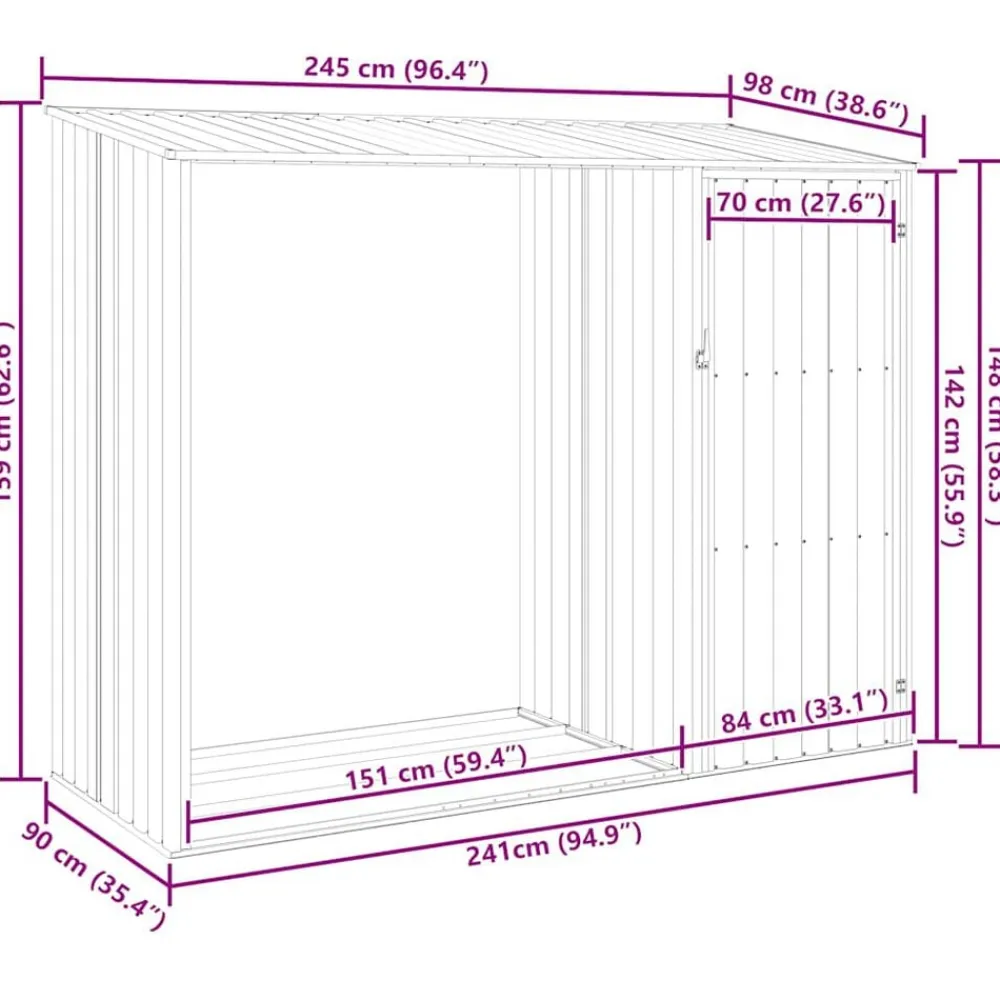 vidaXL Jardín-Cobertizo jardín leña acero galvanizado 245x98x159cm