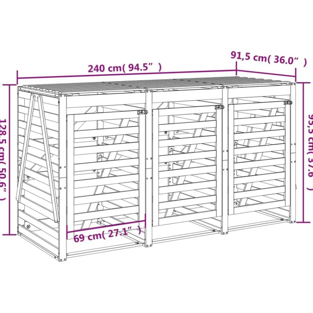 vidaXL Productos Del Hogar-Cobertizo triple para cubos de basura madera maciza