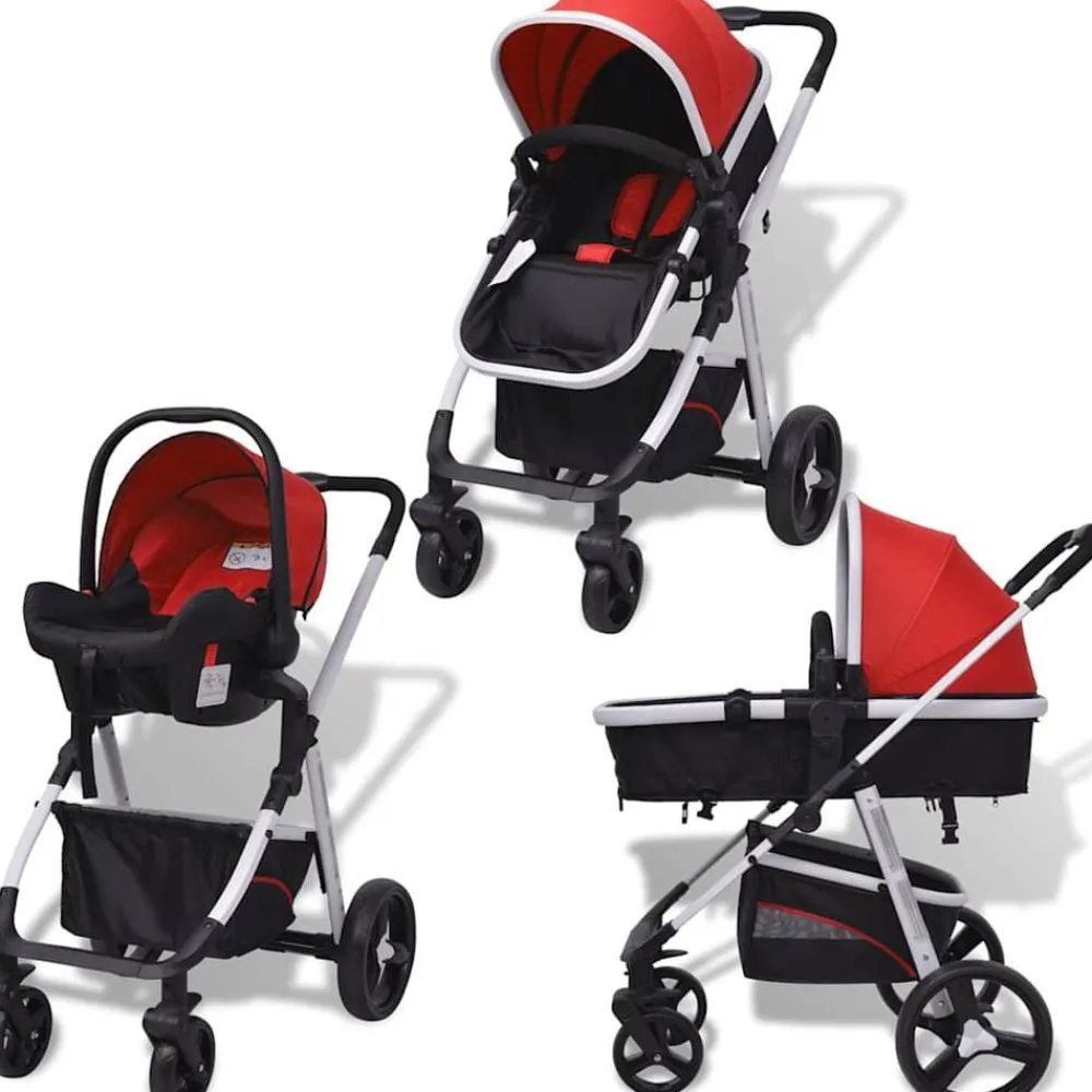 Niños vidaXL Transporte De Bebés-Cochecito de bebé 3 en 1 y negro aluminio
