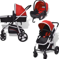 Niños vidaXL Transporte De Bebés-Cochecito de bebé 3 en 1 y negro aluminio