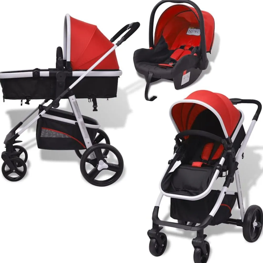 Niños vidaXL Transporte De Bebés-Cochecito de bebé 3 en 1 y negro aluminio