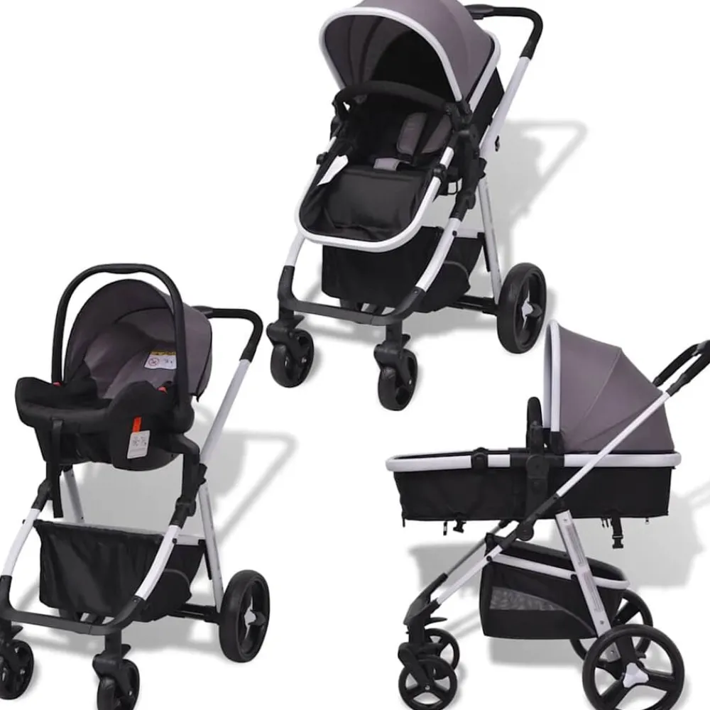 Niños vidaXL Transporte De Bebés-Cochecito de bebé 3 en 1 y negro aluminio