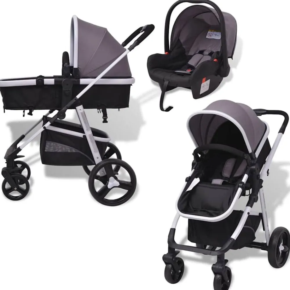 Niños vidaXL Transporte De Bebés-Cochecito de bebé 3 en 1 y negro aluminio