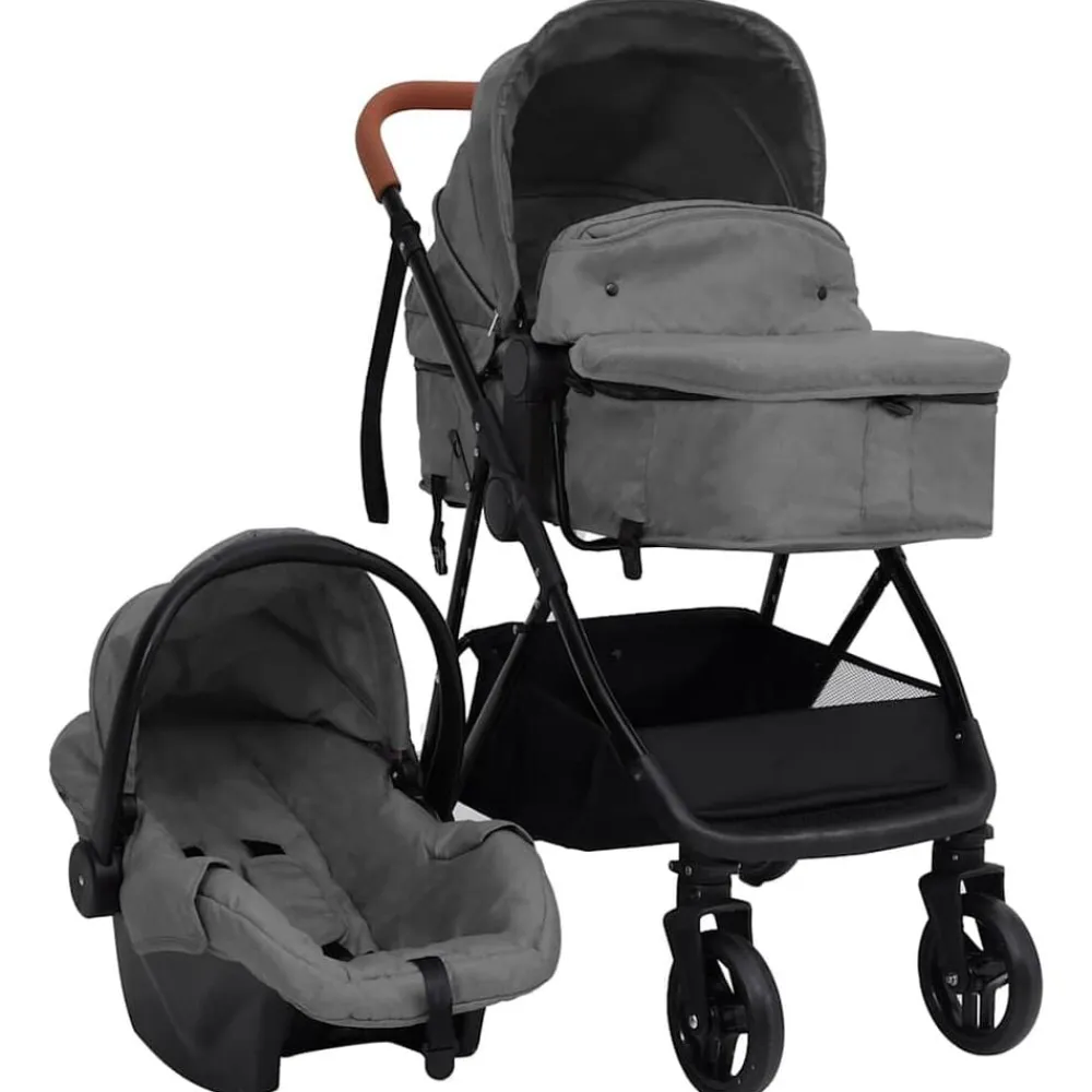 vidaXL Cochecito de bebé 3 en 1 de acero y negro Gris claro Clearance