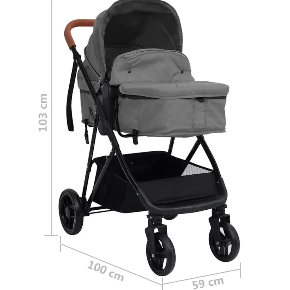 vidaXL Cochecito de bebé 3 en 1 de acero y negro Gris claro Clearance