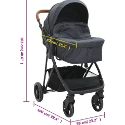 Niños vidaXL Transporte De Bebés-Cochecito de bebé 2 en 1 de acero gris y negro