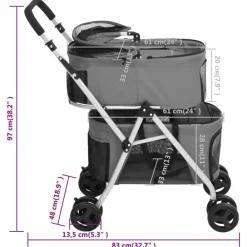 vidaXL Cochecito doble de perros plegable tela oxford 83x48x97cm Gris Clearance