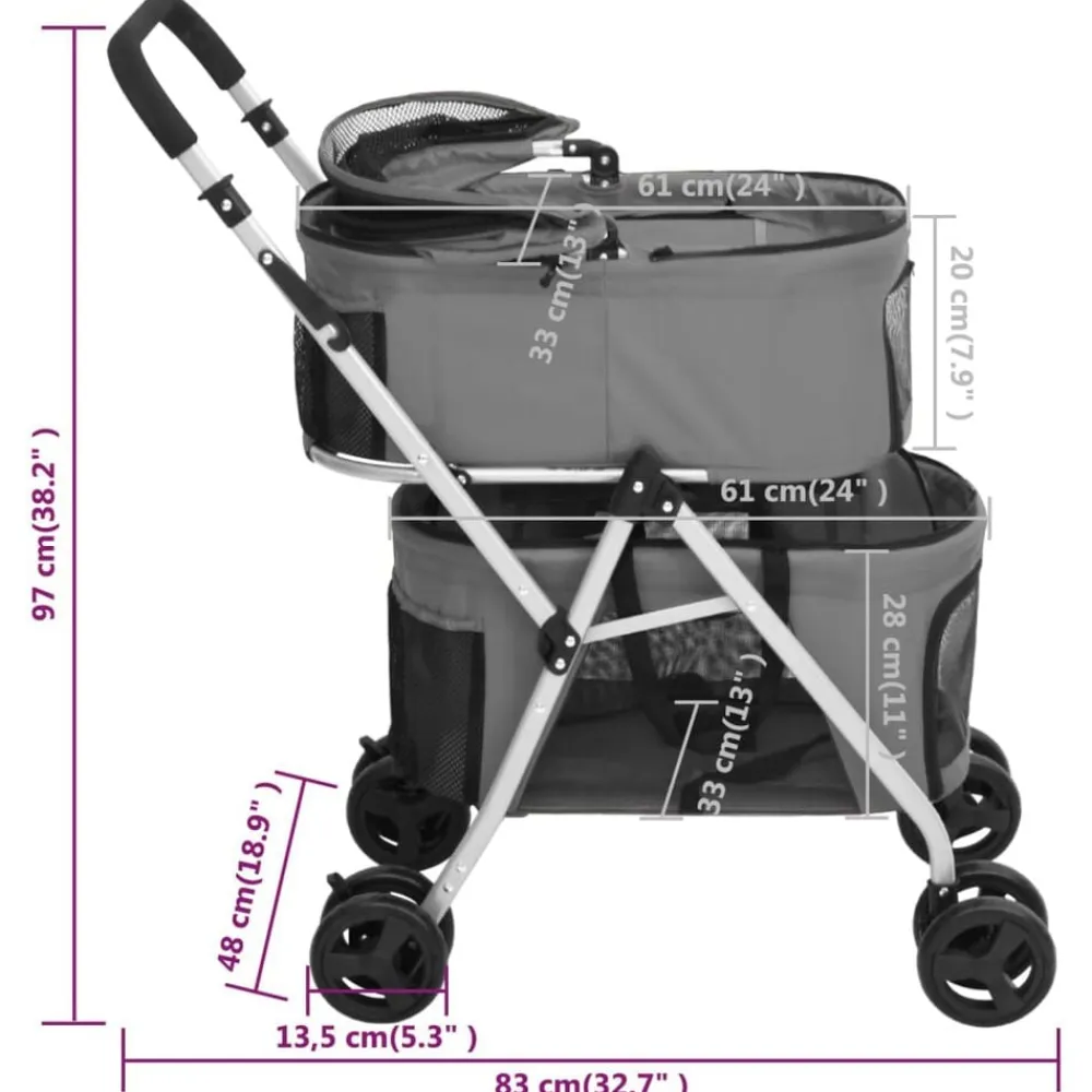 vidaXL Cochecito doble de perros plegable tela oxford 83x48x97cm Gris Clearance
