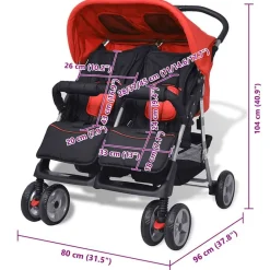 vidaXL Cochecito gemelar de acero y negro Rojo New
