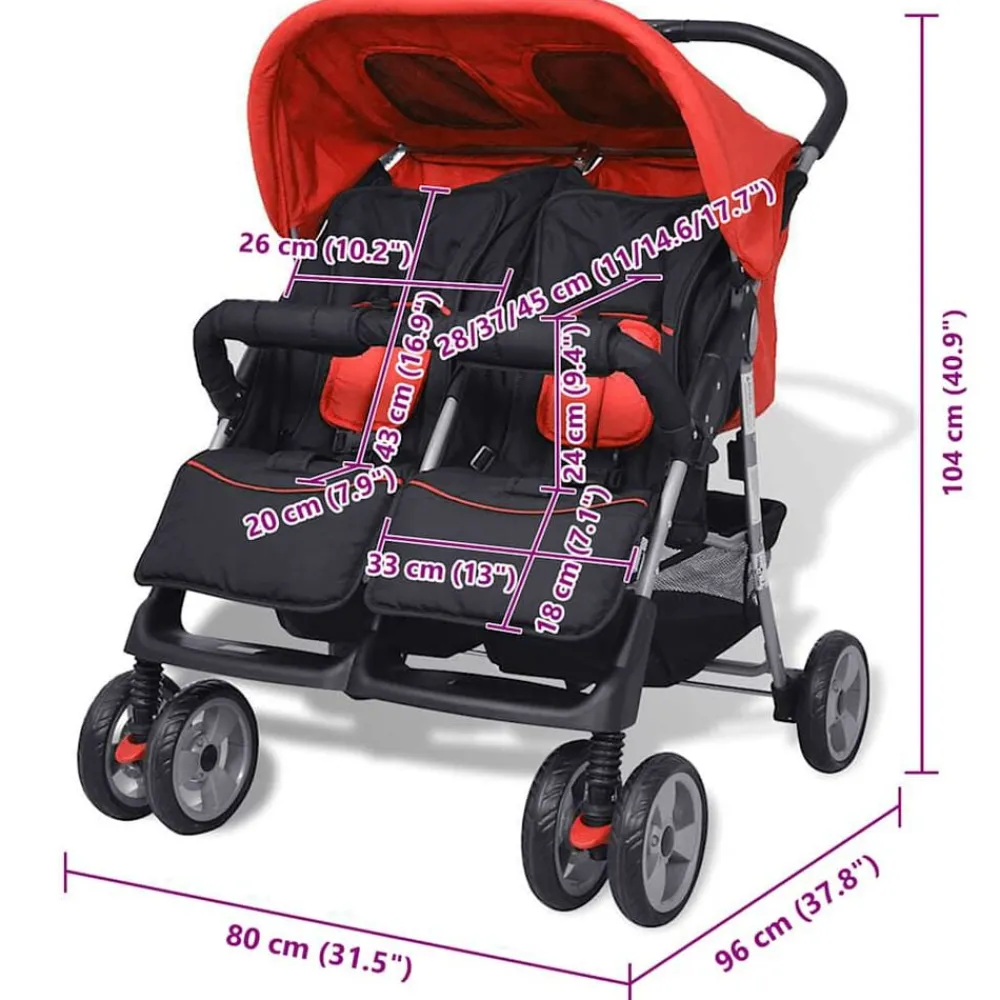 vidaXL Cochecito gemelar de acero y negro Rojo New