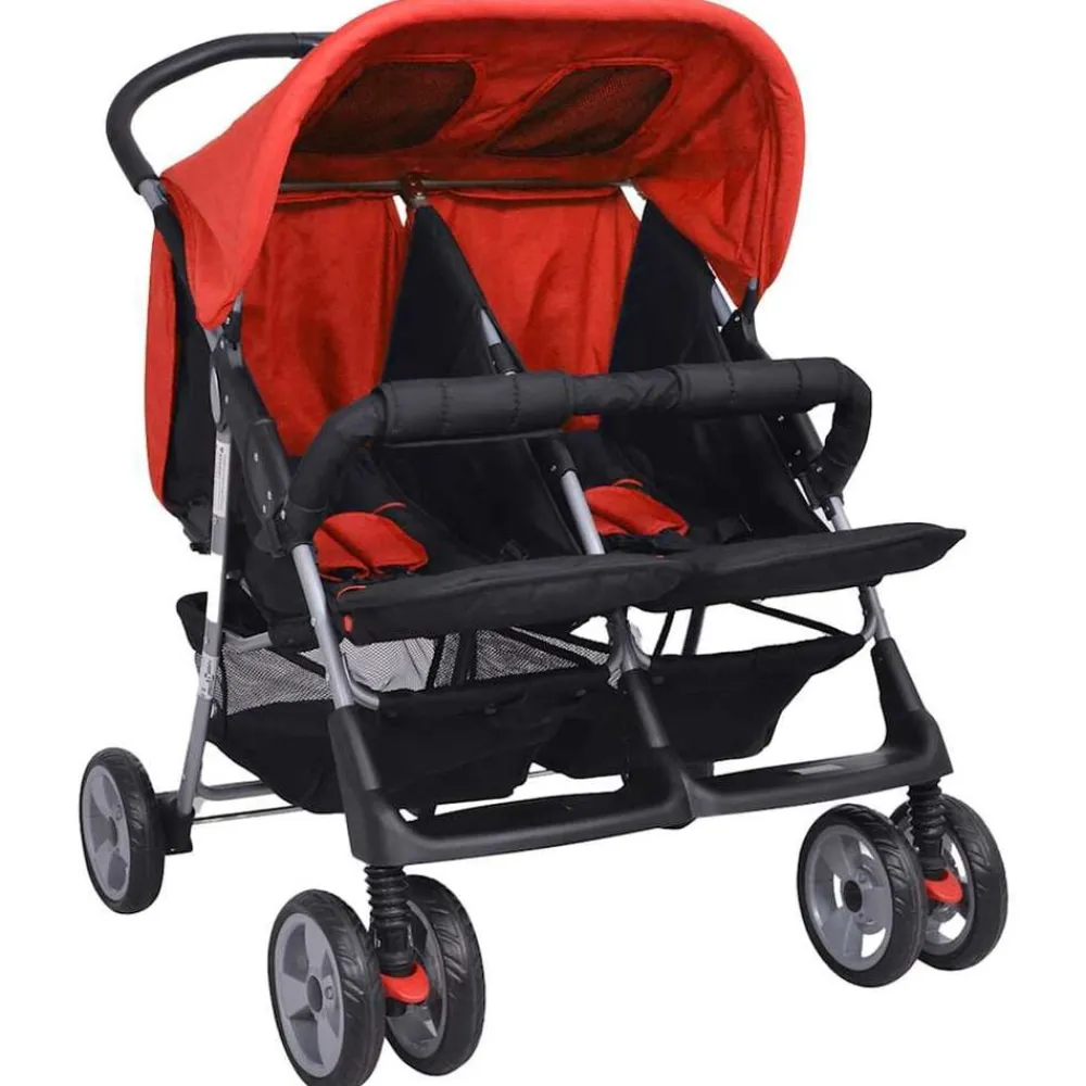 vidaXL Cochecito gemelar de acero y negro Rojo New