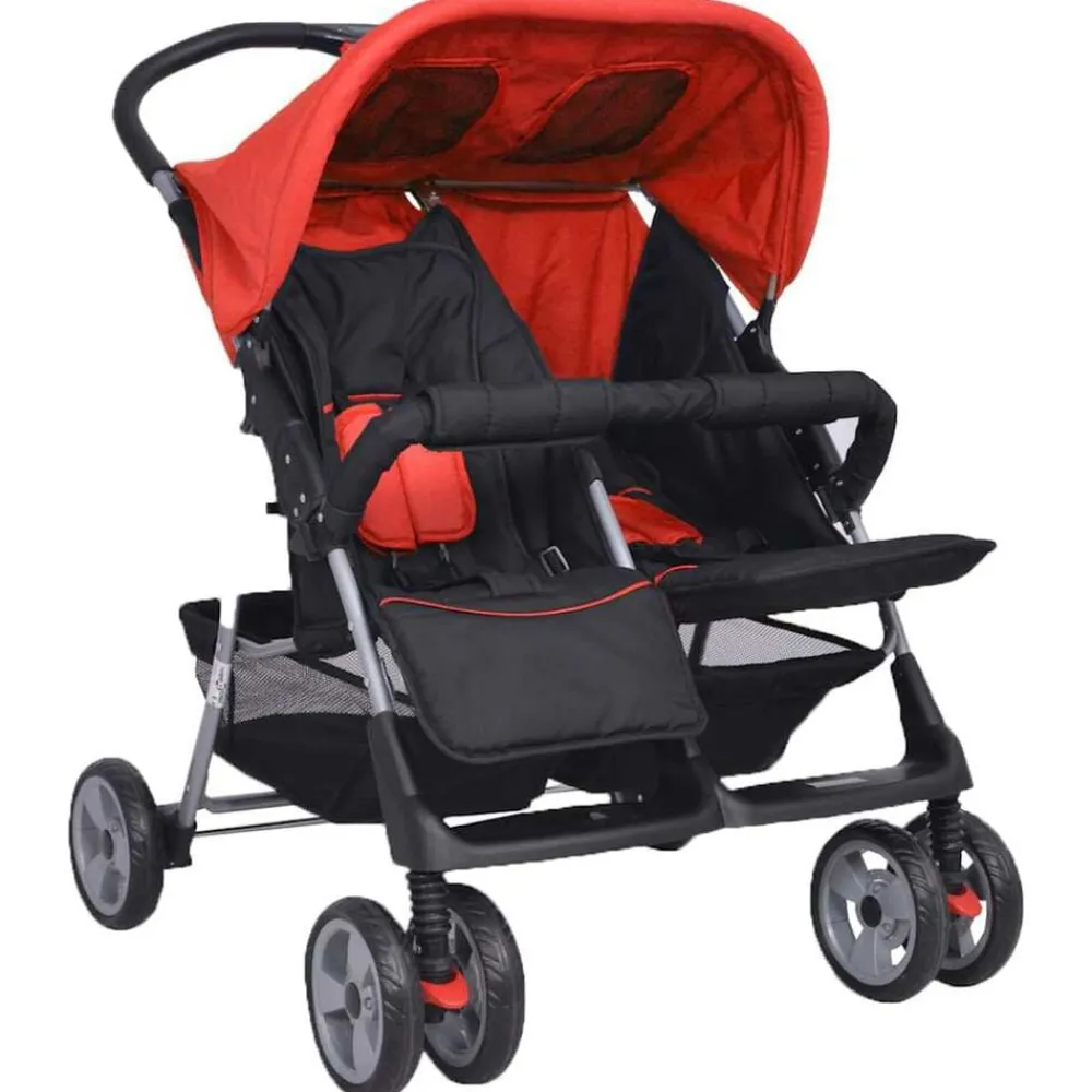 vidaXL Cochecito gemelar de acero y negro Rojo New