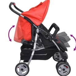 vidaXL Cochecito gemelar de acero y negro Rojo New