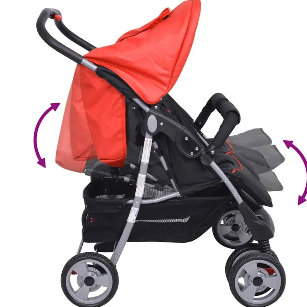 vidaXL Cochecito gemelar de acero y negro Rojo New