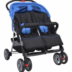 vidaXL Cochecito gemelar de acero y negro Azul