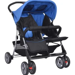 vidaXL Cochecito gemelar de acero y negro Azul