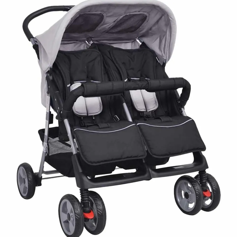 vidaXL Cochecito gemelar de acero y negro Gris Hot