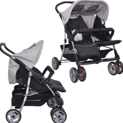 vidaXL Cochecito gemelar de acero y negro Gris Hot