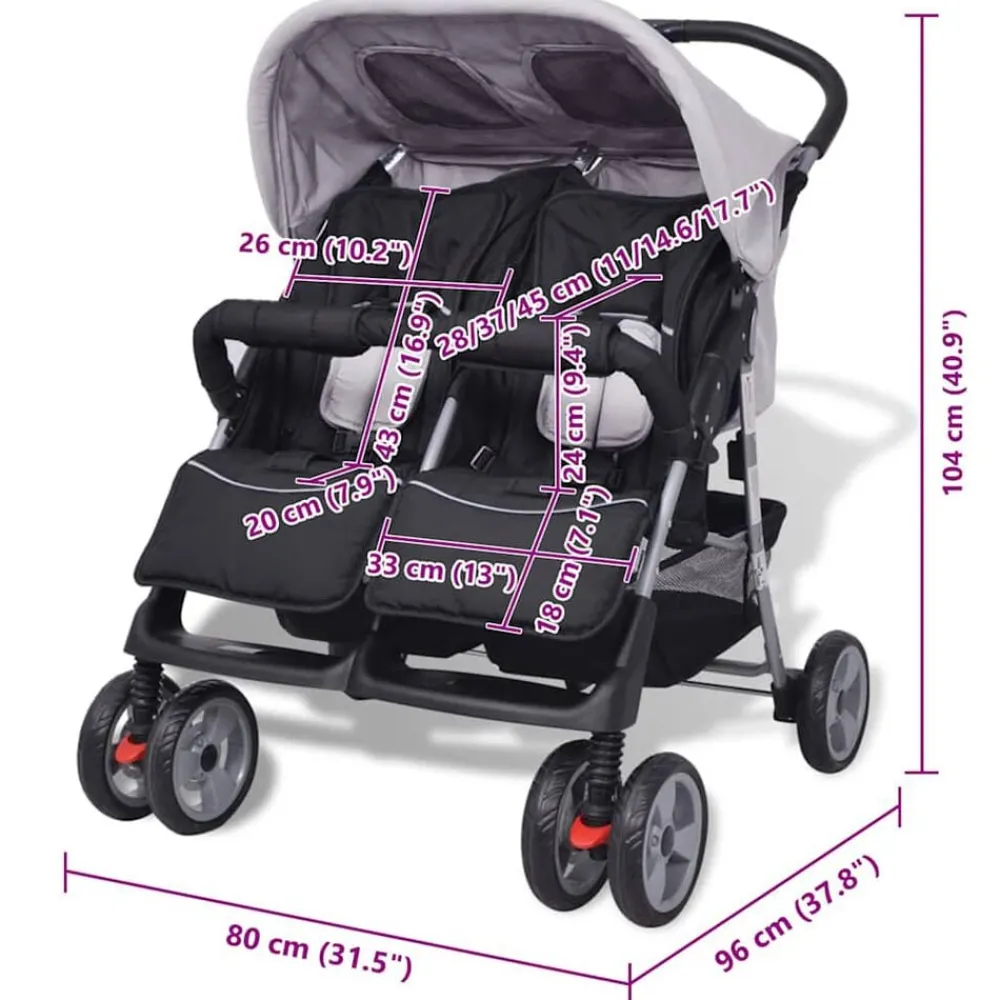 vidaXL Cochecito gemelar de acero y negro Gris Hot