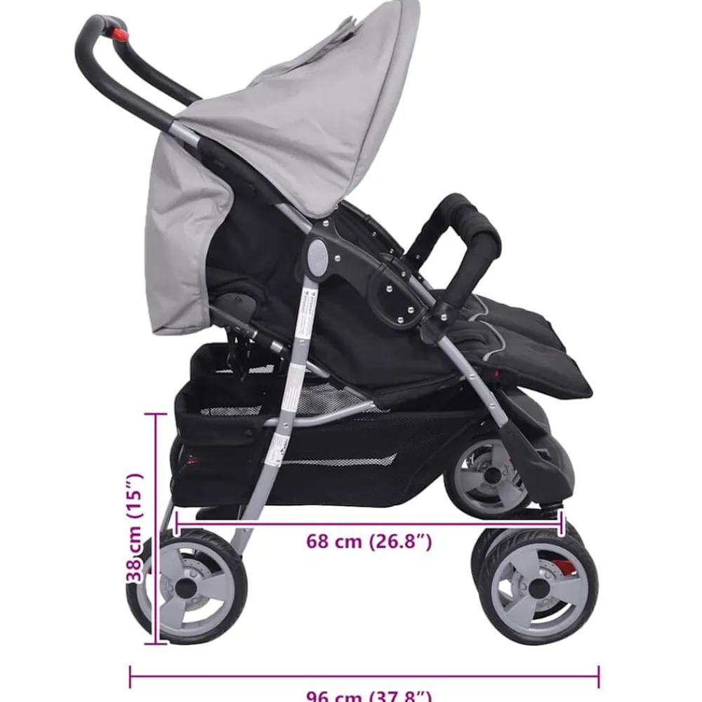 vidaXL Cochecito gemelar de acero y negro Gris Hot