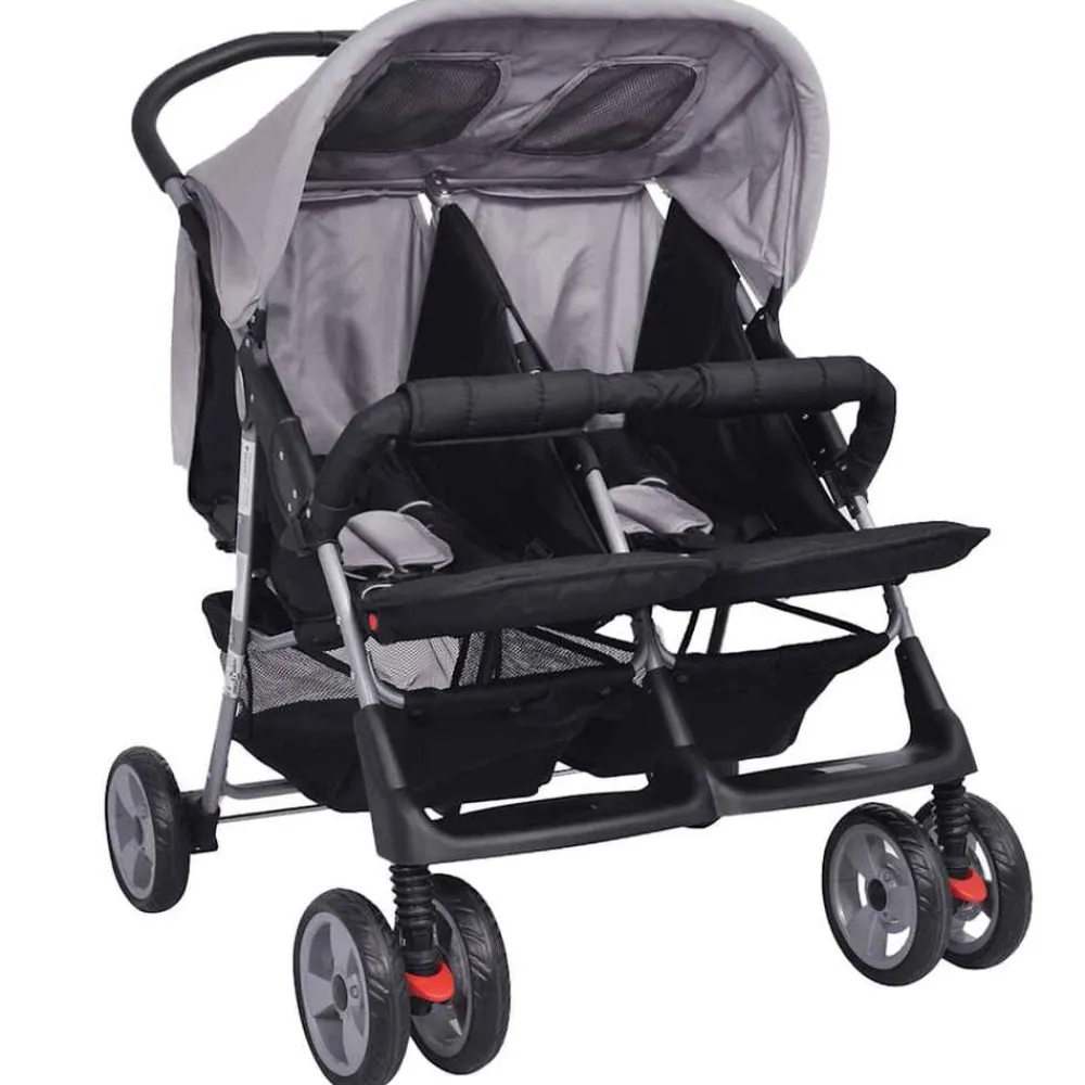 vidaXL Cochecito gemelar de acero y negro Gris Hot
