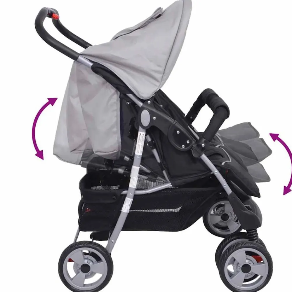 vidaXL Cochecito gemelar de acero y negro Gris Hot