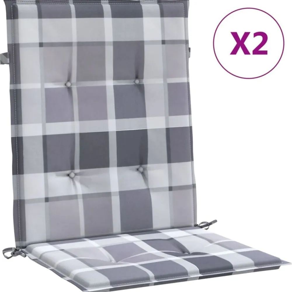 vidaXL Cojín silla de jardín respaldo bajo 2 uds tela a cuadros gris Estampados cuadros grises Clearance