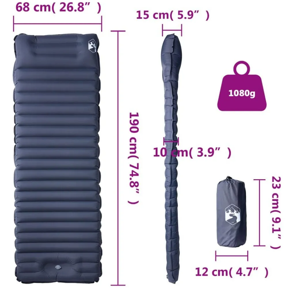 vidaXL Actividades Al Aire Libre-Colchón de camping autoinflable con con almohada 1 persona