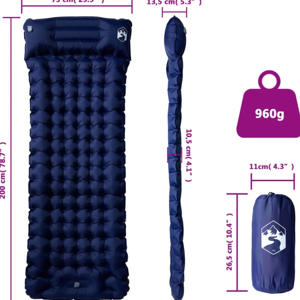 vidaXL Colchón de camping autoinflable con almohada 1 persona azul Azul marino Best