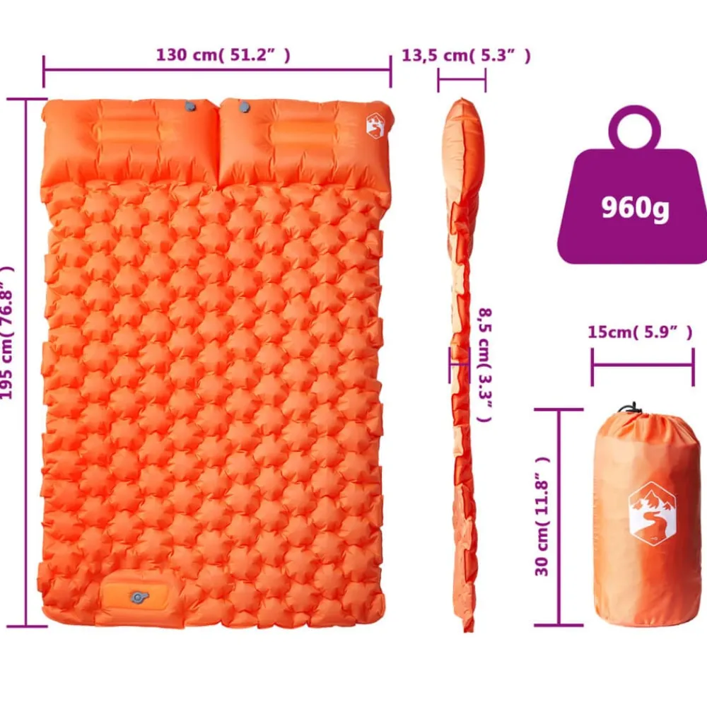 vidaXL Colchón de camping autoinflable y almohadas 2 personas Naranja Clearance