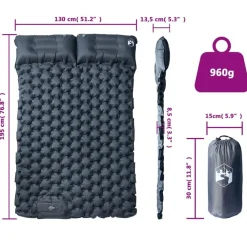 vidaXL Actividades Al Aire Libre-Colchón de camping autoinflable con almohadas 2 personas