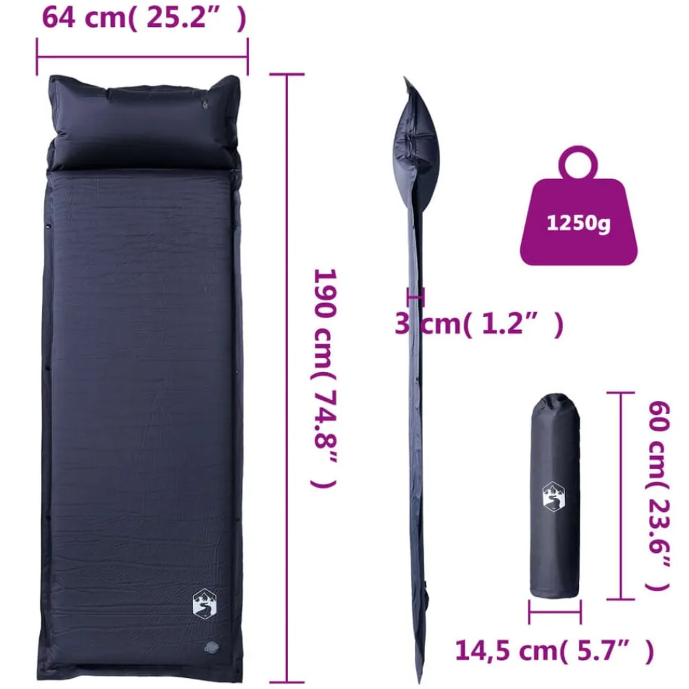 vidaXL Actividades Al Aire Libre-Colchón de camping autoinflable con con almohada 1 persona