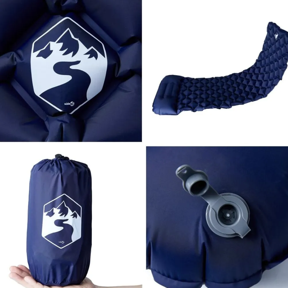 vidaXL Colchón de camping inflable con almohada 1 persona azul marino Gris Online
