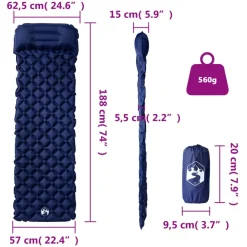vidaXL Colchón de camping inflable con almohada 1 persona azul marino Gris Online