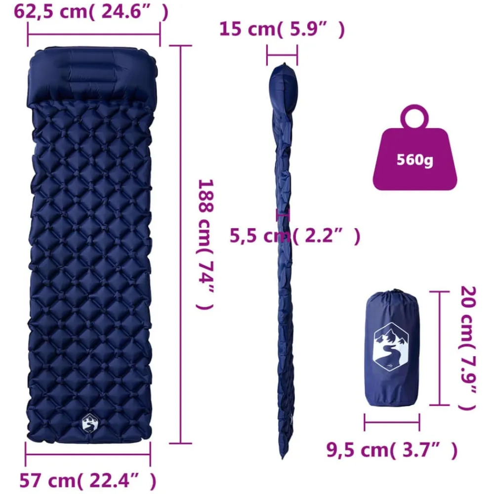 vidaXL Colchón de camping inflable con almohada 1 persona azul marino Gris Online