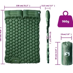 vidaXL Colchón de camping autoinflable con almohadas 2 personas Verde Discount