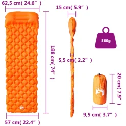 vidaXL Actividades Al Aire Libre-Colchón de camping inflable con almohada 1 persona naranja